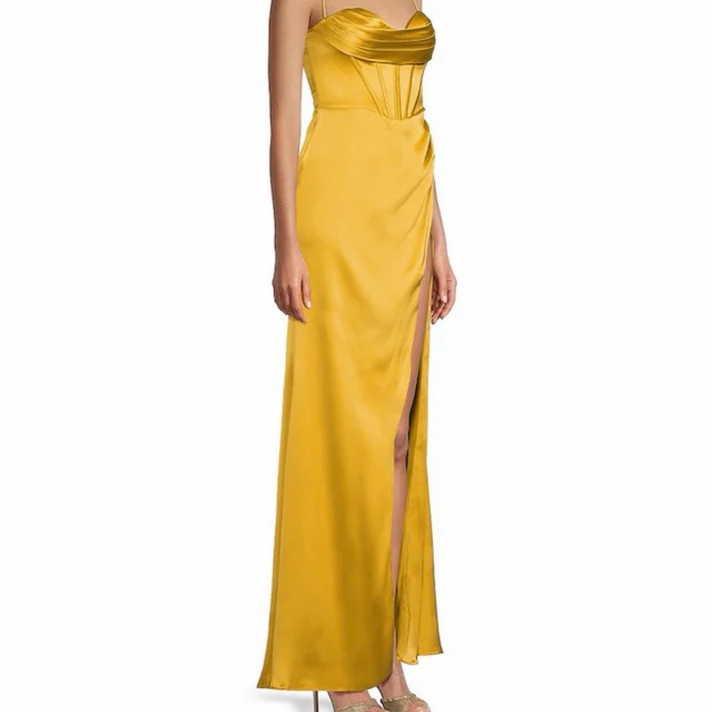 GB Social Corset Cowl Neck Lace-Up Back Slit Hem Satin Dress